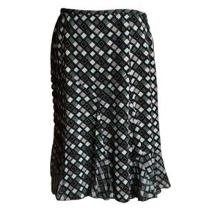 Alfani 100% silk aqua cream black diamond pattern flutter hem skirt size 8P